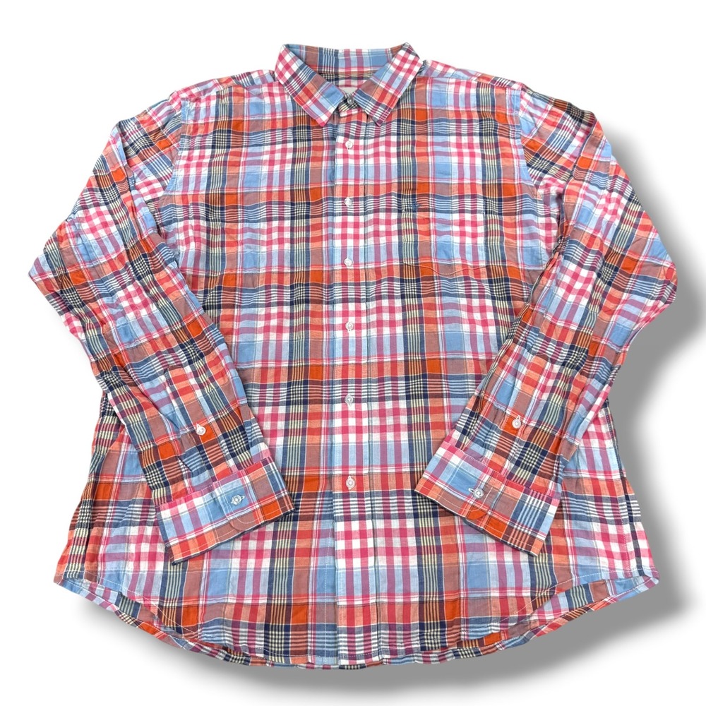 AG Adriano Goldschmied Button Down Shirt‎ Mens XXL Slim Fit Plaid Red Blue Linen